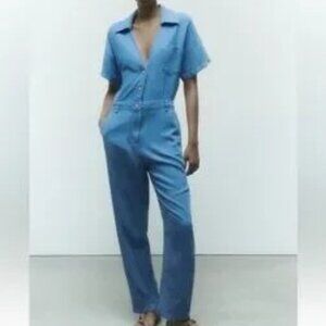 ZARA Light Wash Denim Utility Jumpsuit Cotton Linen Blend Medium Like New